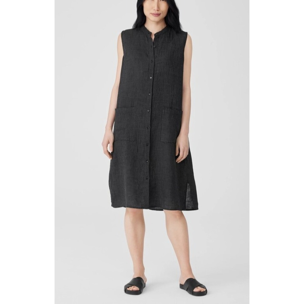 Eileen Fisher Puckered Organic Linen Sleeveless Dress M Gray Check Minimalist